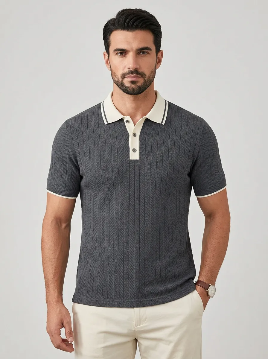 Men's Casual Vintage Vertical Ribbed Contrast Collar Polo Shirt