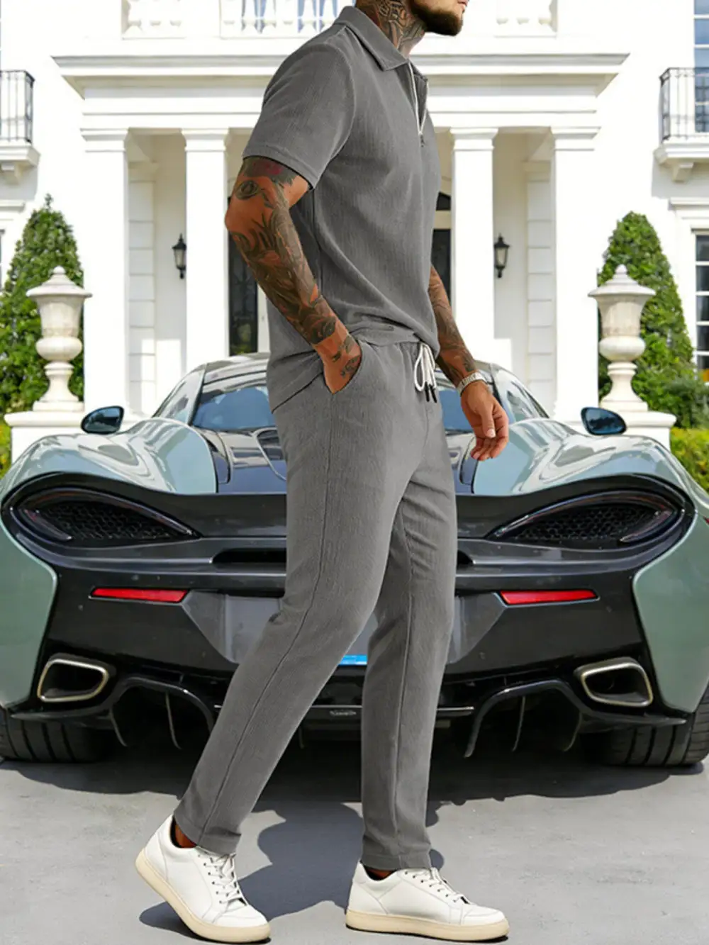 Men's Full Size Casual Zipper Polo Shirt and Pant Set