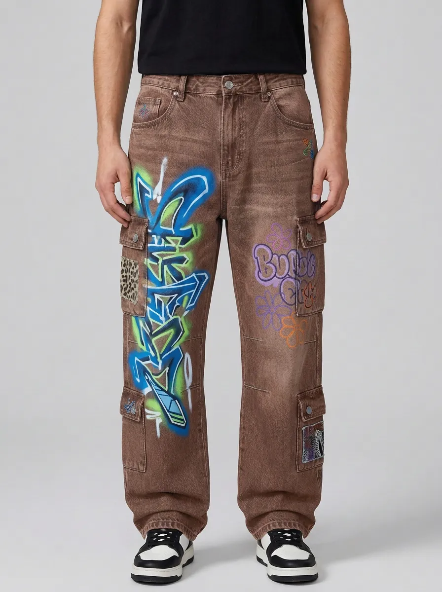Men's Streetwear Graffiti Flower Graphic Cargo Jeans