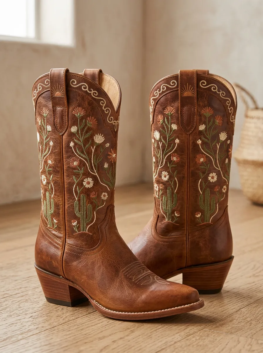 Unisex High-Plains Cactus Floral Pattern Western Cowboy Boots