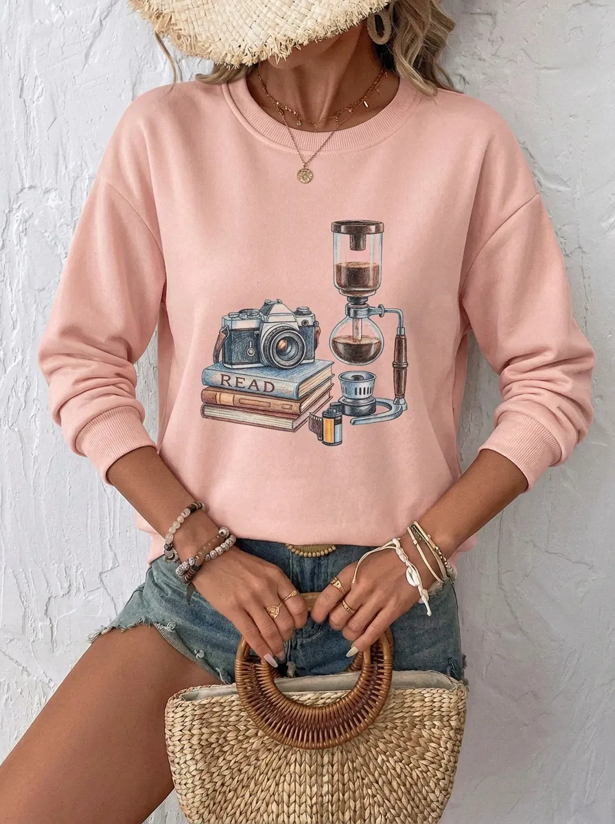 Women's Hobby Lover Camera Books Coffee Graphic Sweatshirt