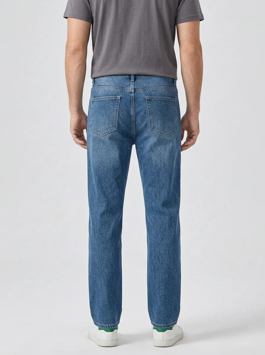 Men's Casual Blue Denim Stitched Detail Straight Leg Jeans