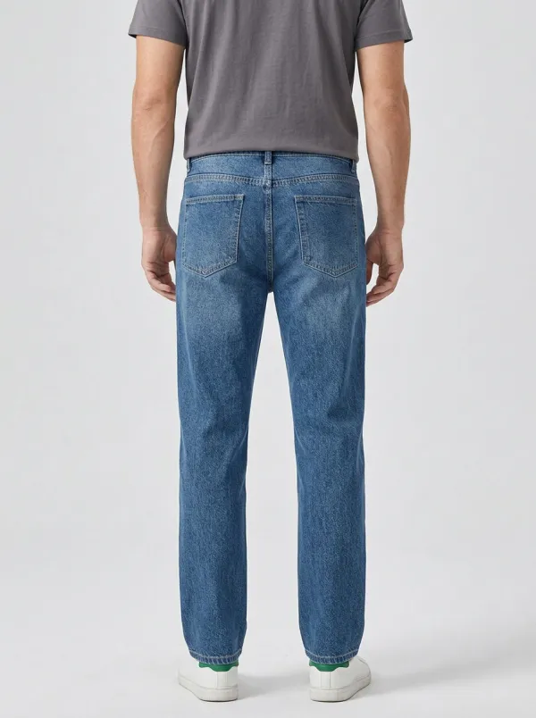 Men's Casual Blue Denim Stitched Detail Straight Leg Jeans
