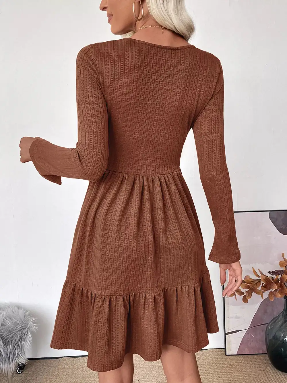 Knit Ruffle Long Sleeve Sweater Dress