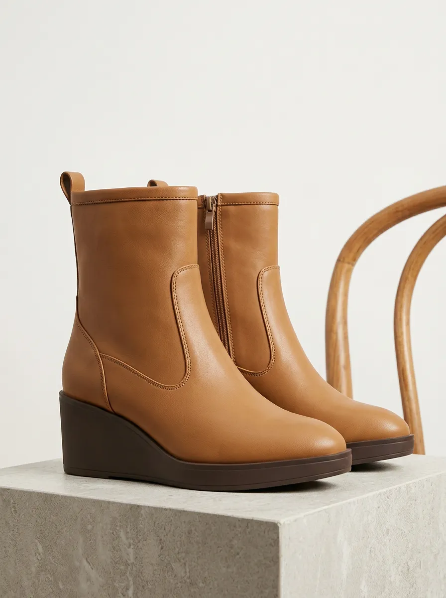 Zipper Leather-Look Women's Wedge Ankle Boots