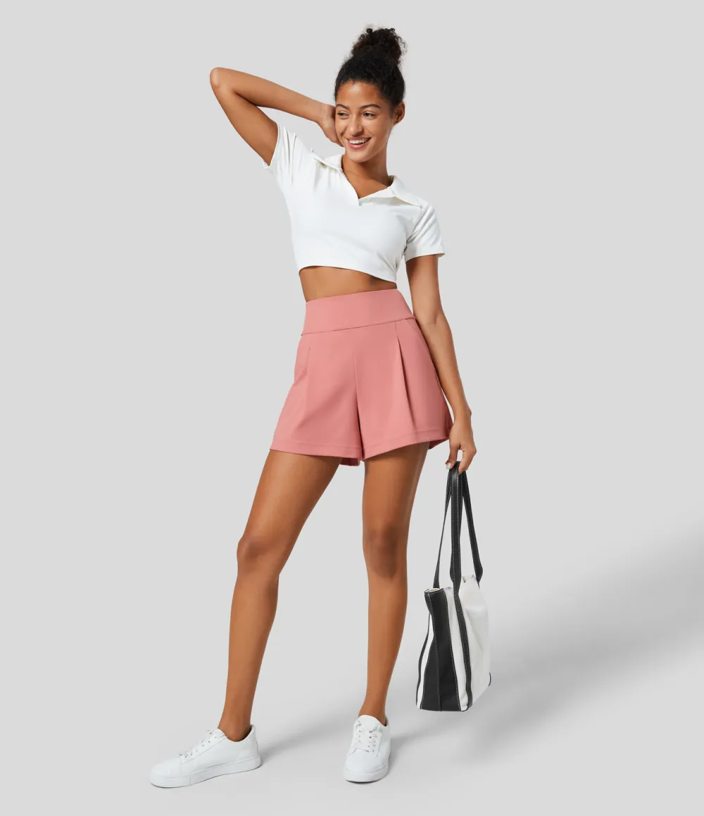 High Waisted Plicated Side Pocket Wide Leg Work Shorts