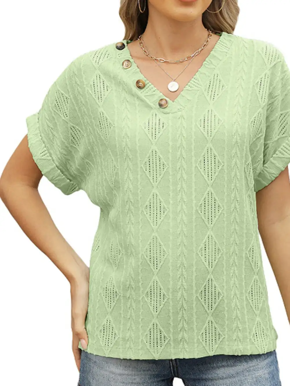 Textured V-Neck Short Sleeve Top