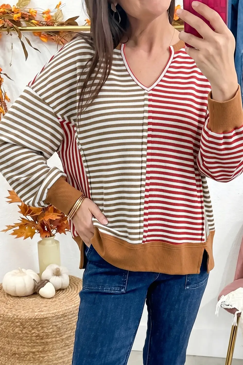 Striped V Neck Waffle Knit Stretch Fabric Long Sleeve Top