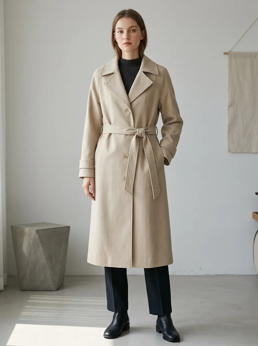 Women's Refined Belted Minimalist Long Trench Coat