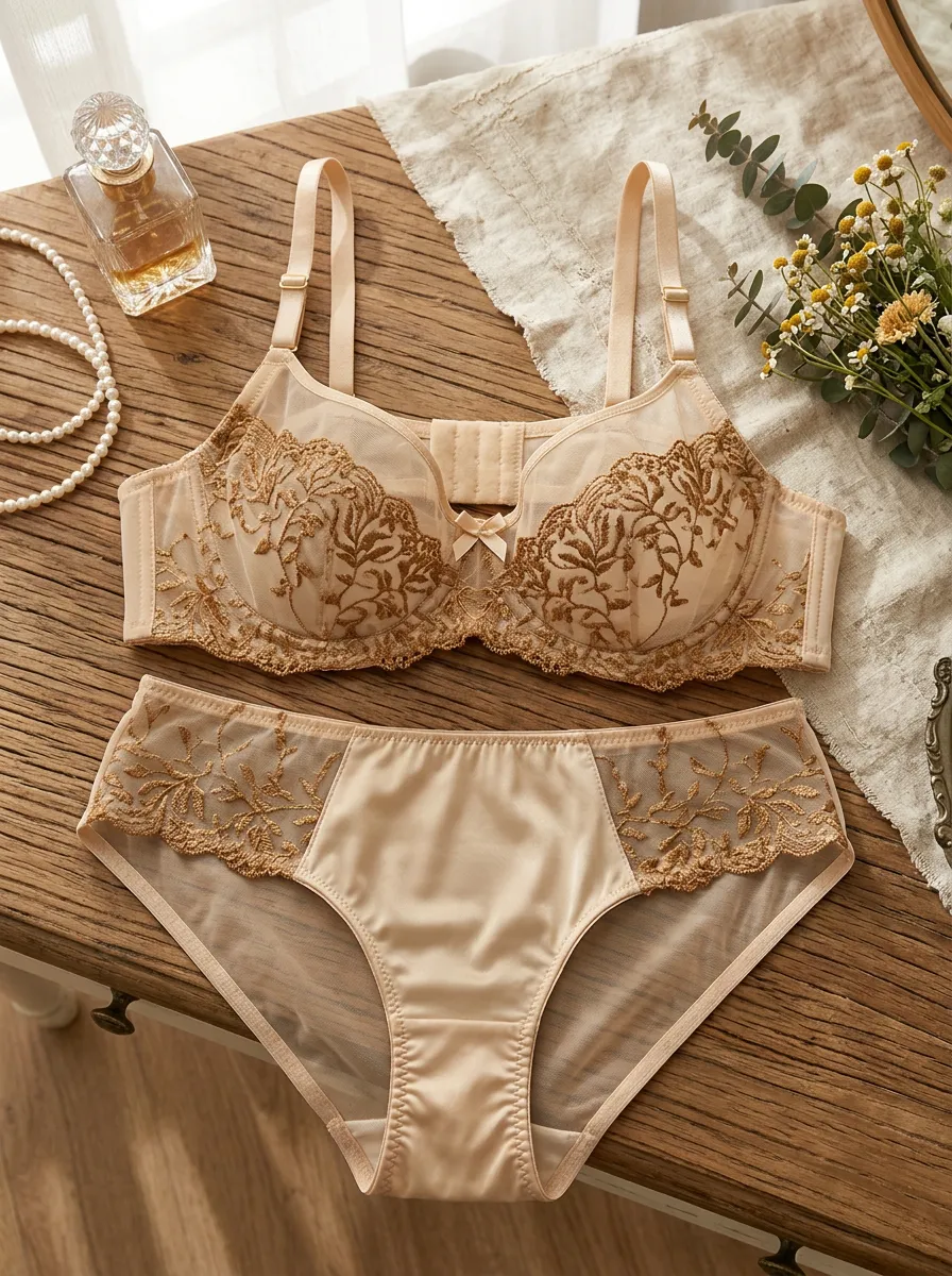 Women's Floral Embroidery Sheer Mesh Classic Coverage Lingerie Set