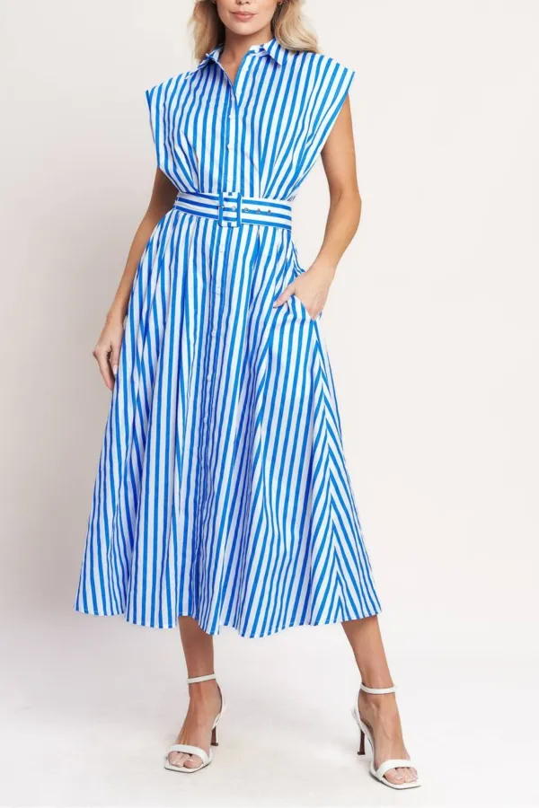 Striped Button Down Short Sleeve Midi Dress
