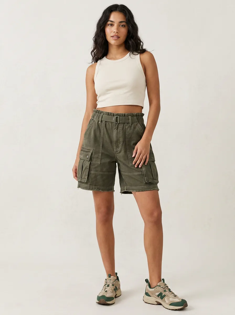 Women's Casual Outdoor Olive Green Belted Cargo Shorts