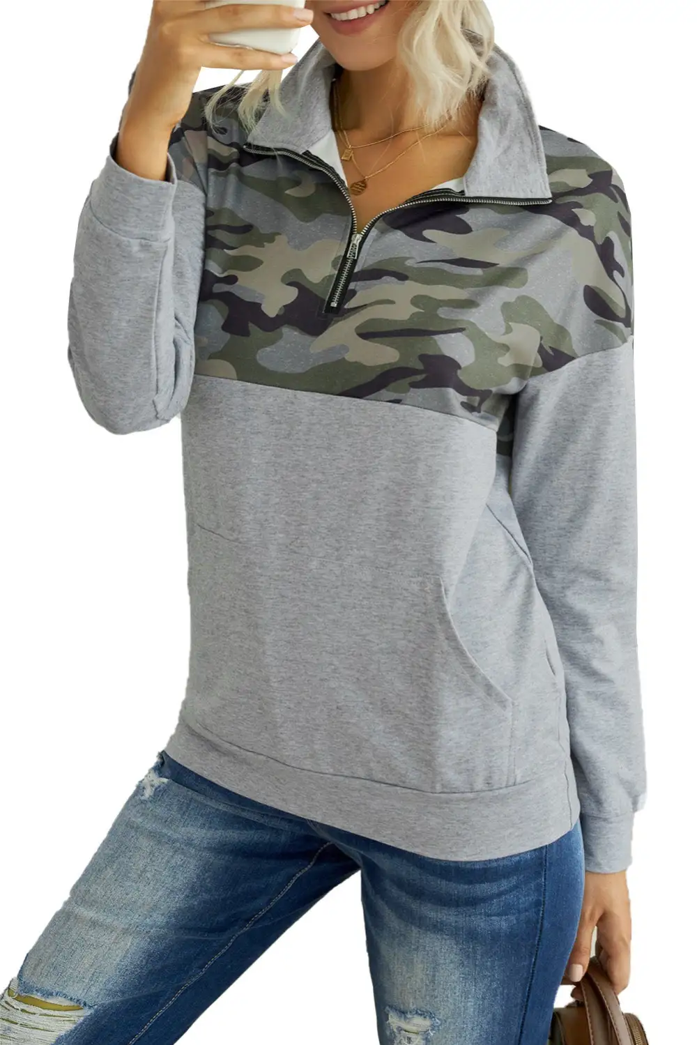 Floral Splice Kangaroo Pocket Zip Collar Sweatshirt