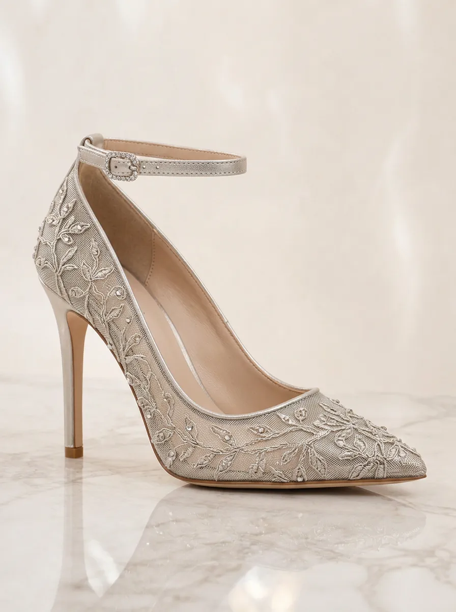 Rhinestone Floral Embroidered Mesh Women's Formal High Heels