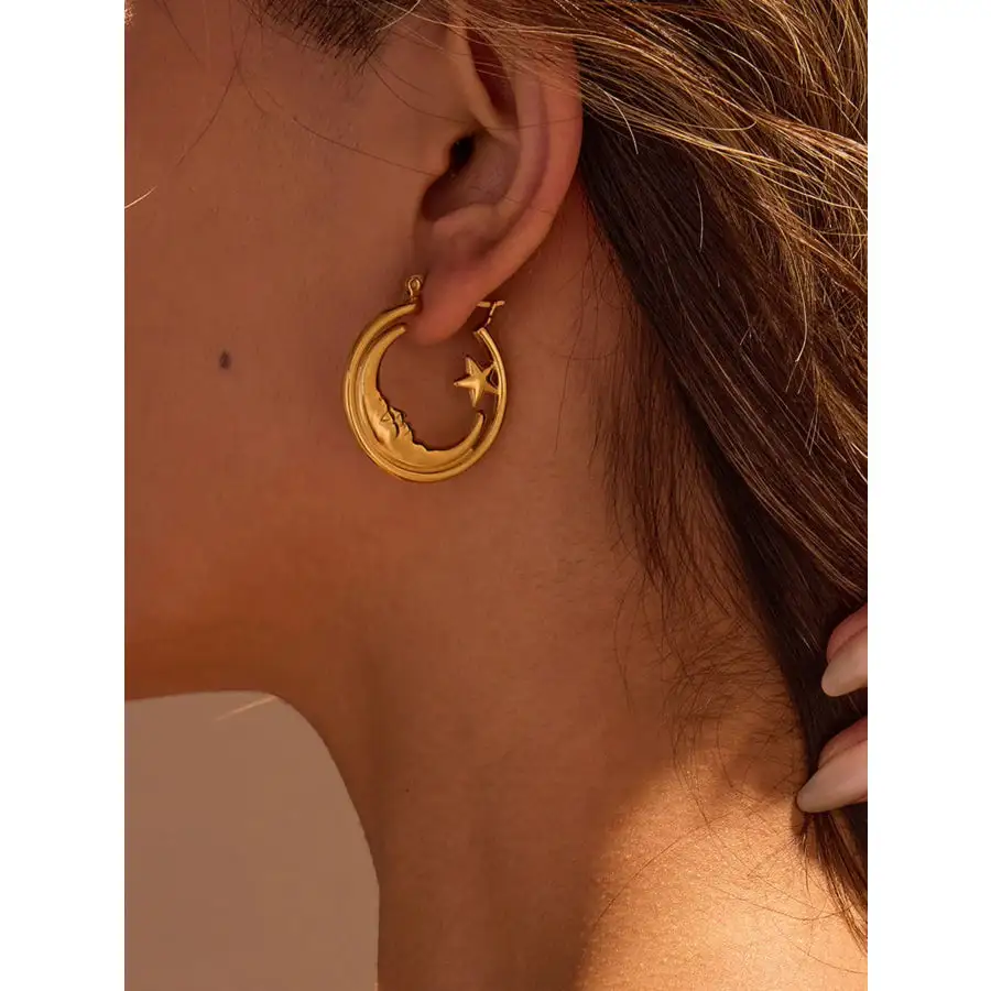 K Gold Plated Crescent Moon Star Hoop Earrings