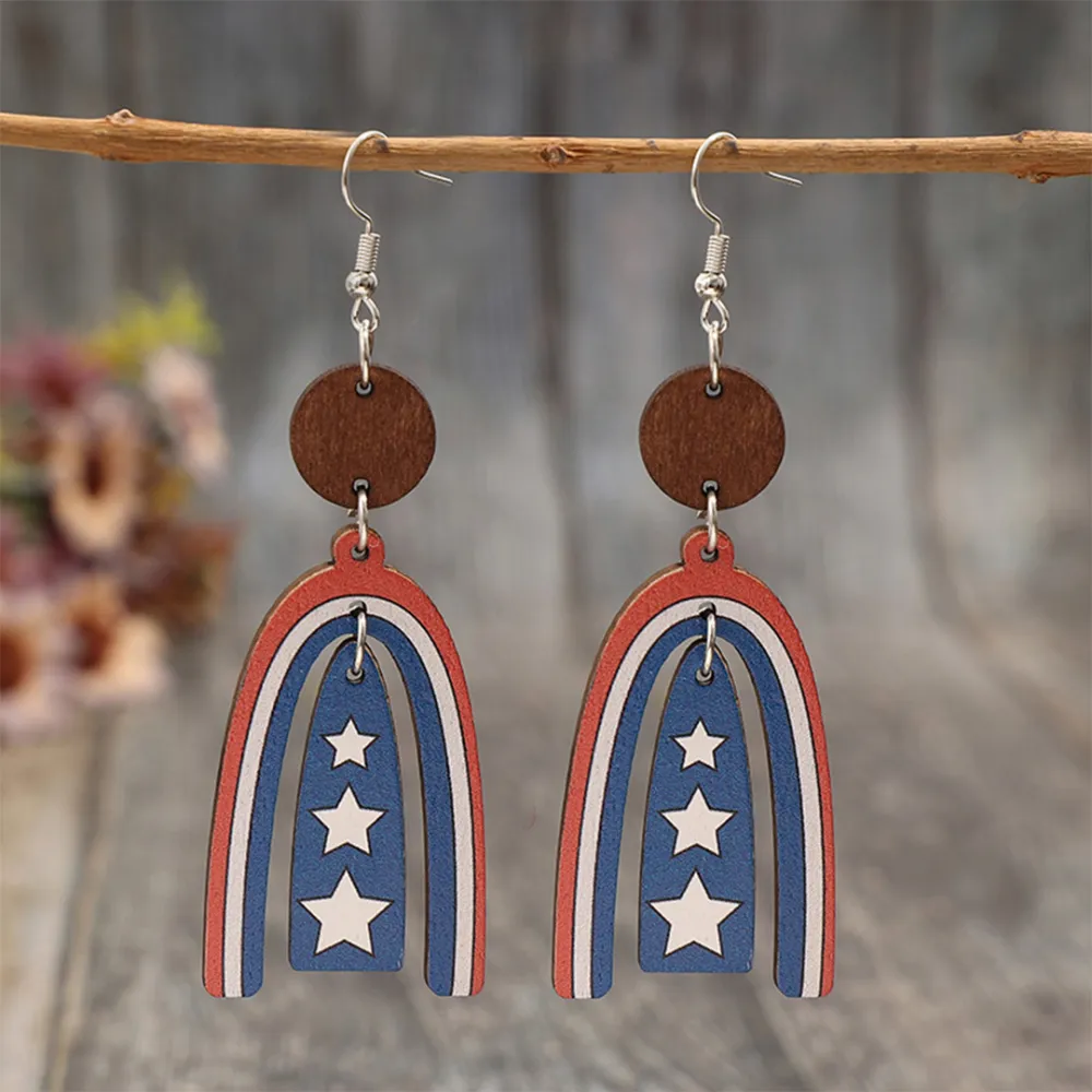 Curved Red Blue Wooden Earrings