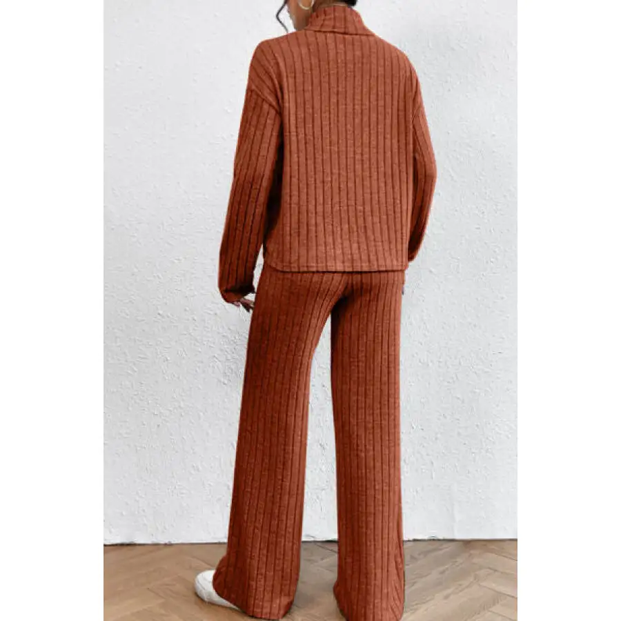 Mock Neck Dropped Shoulder Top and Pants Set