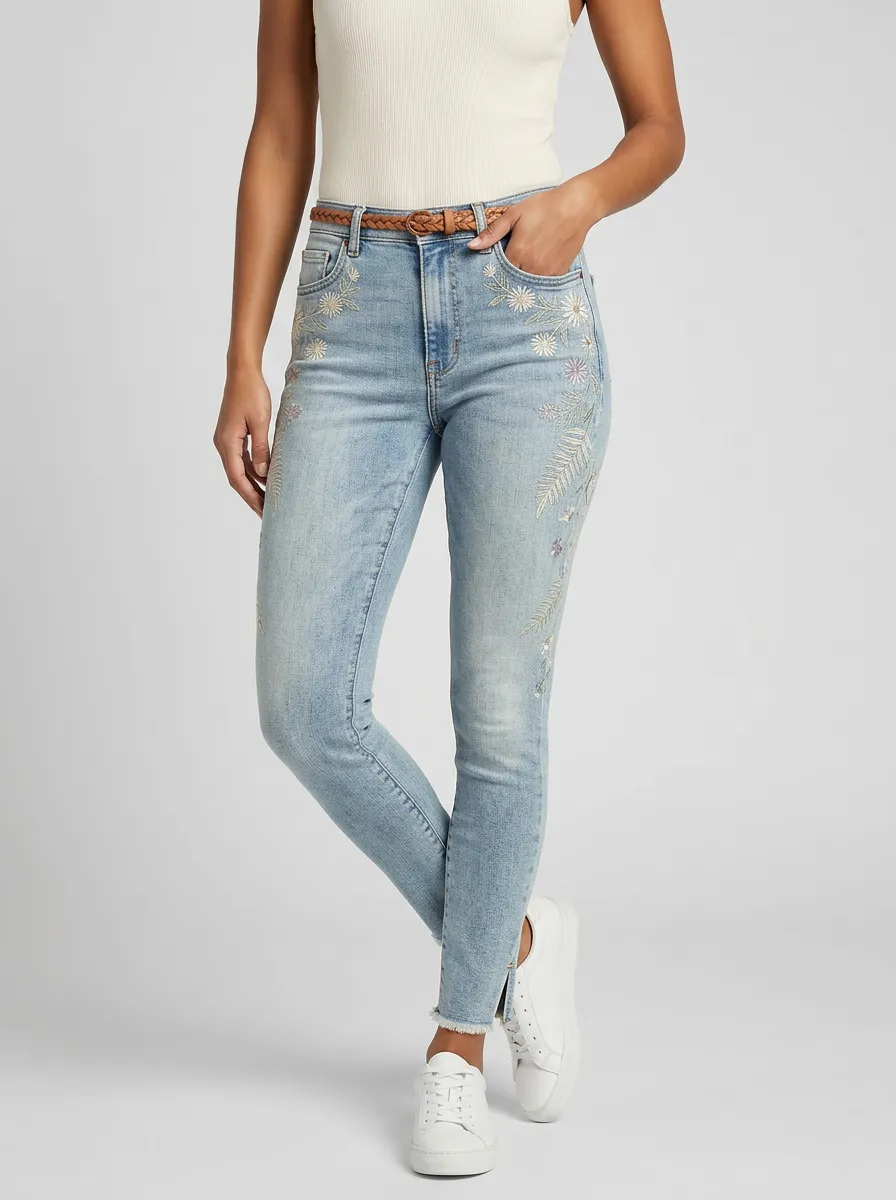Women's Floral Embroidered Light-Wash Graphic Slim Jeans