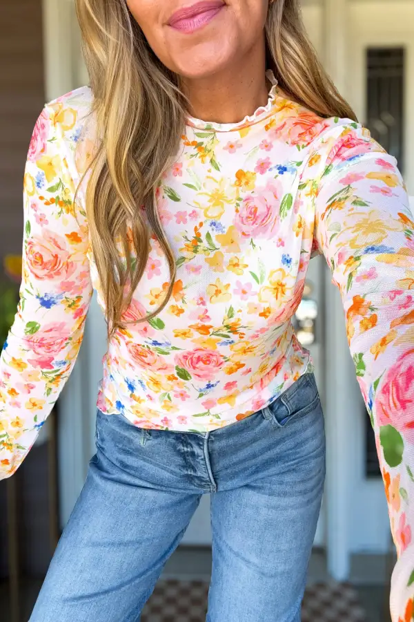 Refined Floral Print Mesh Long Sleeve Top