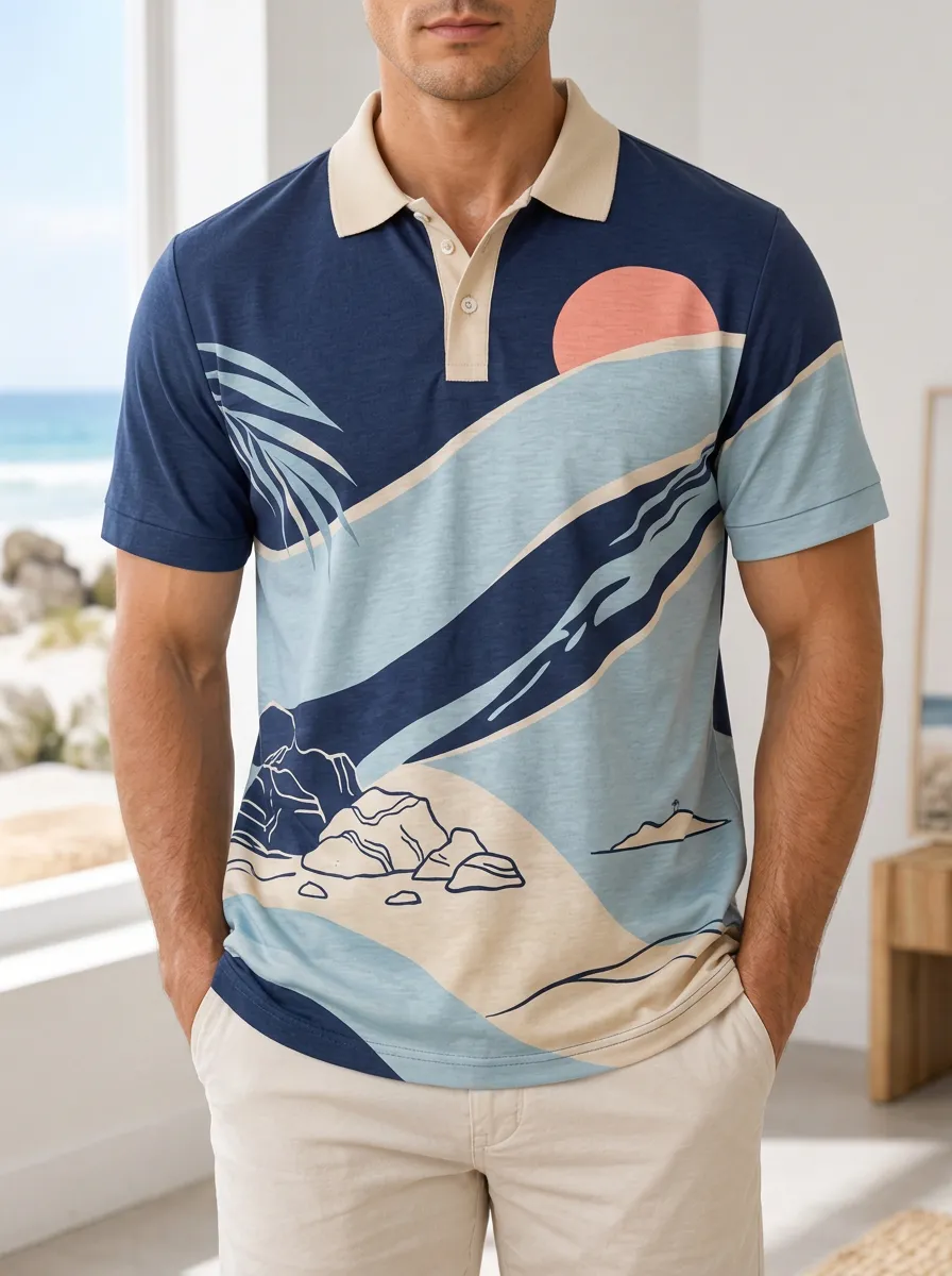 Men's Tropical Beach Sunset Palm Tree Printed Polo Shirt Modern Casual Style