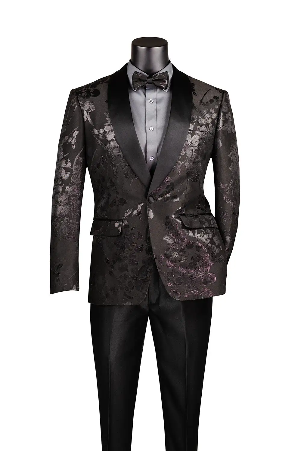 Black Slim Fit Floral Single Breasted Shawl Lapel Side Vents Jacket