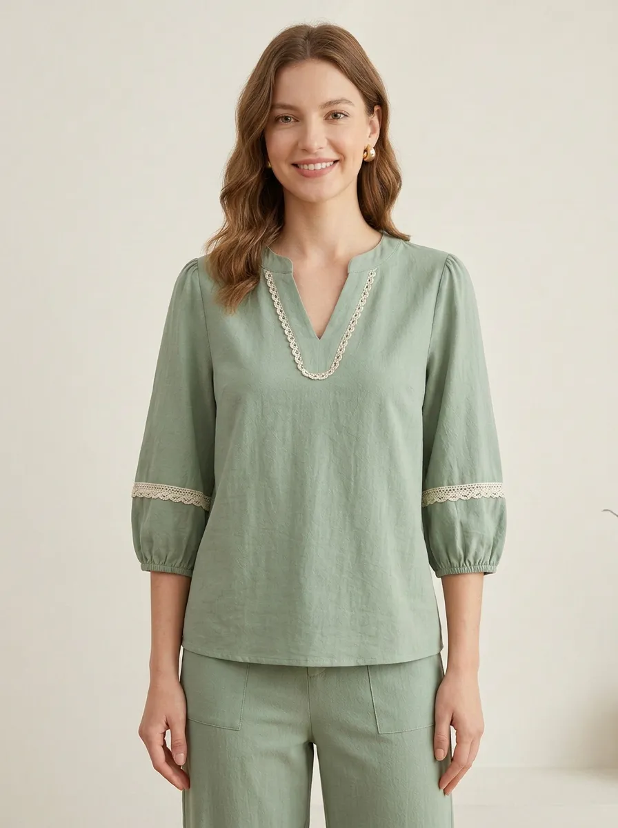 Short-Sleeve Three-Quarter-Sleeve Lace-Detail Women's V-Neck Shirt