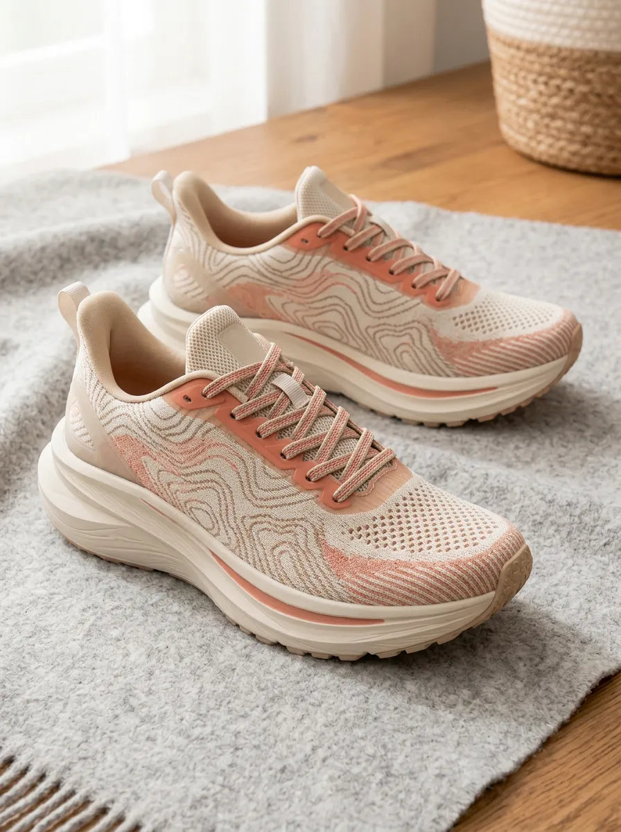 Women's Beige Topographic Map Pattern Printed Running Shoes