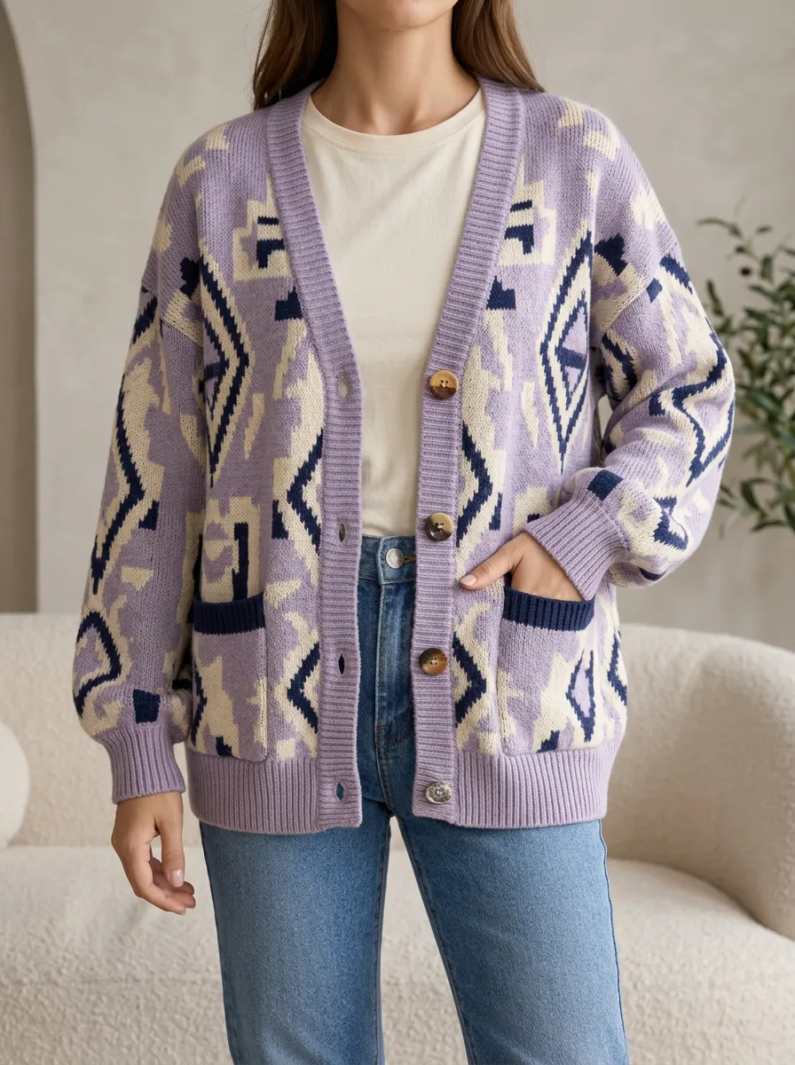 Women's Casual Knit Cardigan with Button Front Ribbed Knit Detail