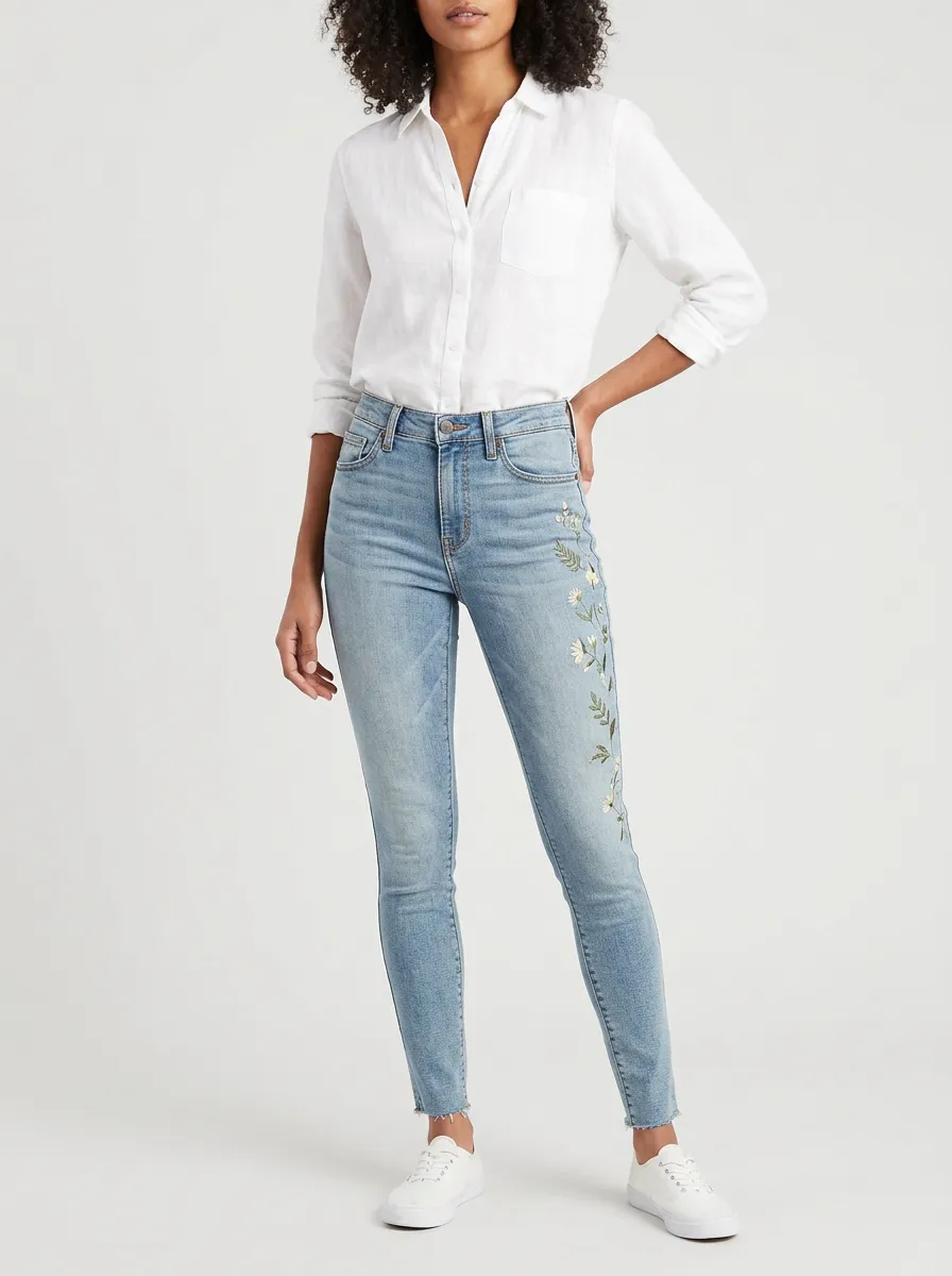 Women's Sterling Floral Daisy Embroidered Graphic Slim Jeans