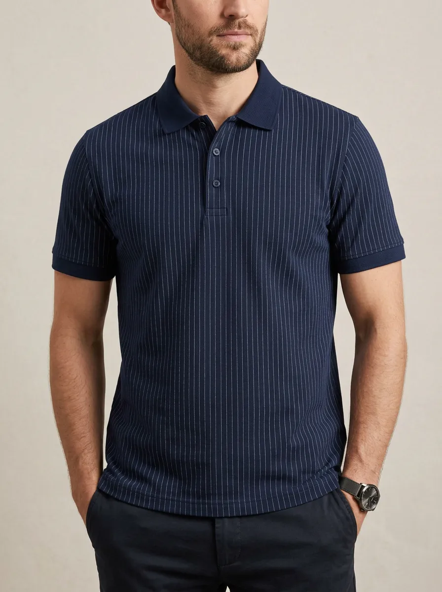 Men's Navy Blue Vertical Pinstripe Printed Polo Shirt