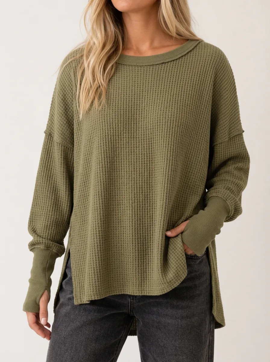 Relaxed Everyday Waffle Knit Thumbhole Long Sleeve Top