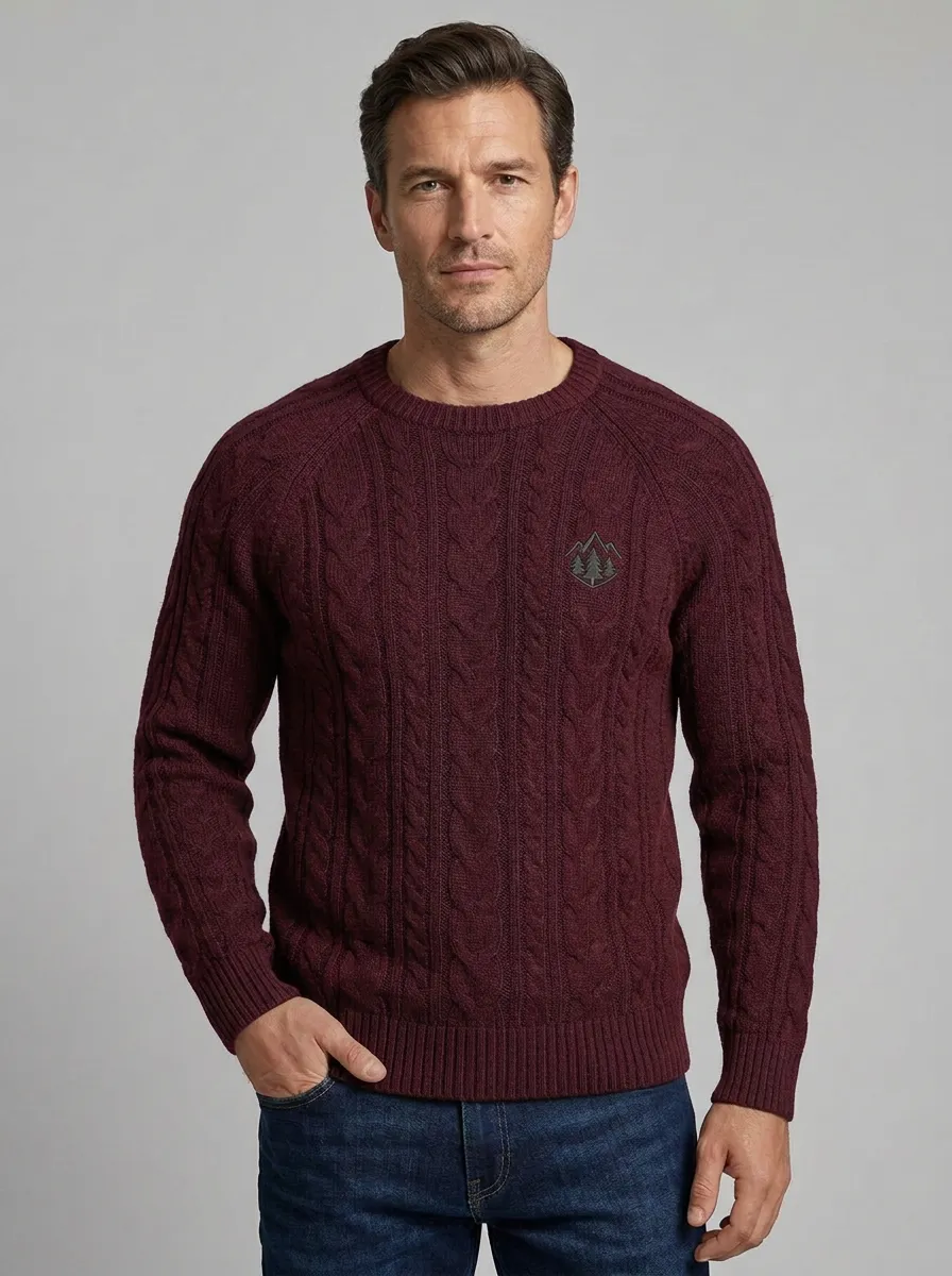 Men's Navy Nature Pine Tree Mountain Embroidered Knit Sweater
