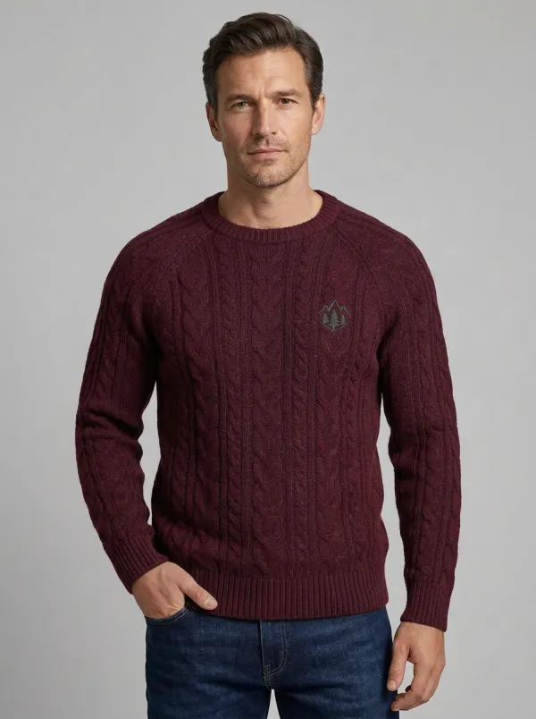 Men's Navy Nature Pine Tree Mountain Embroidered Knit Sweater
