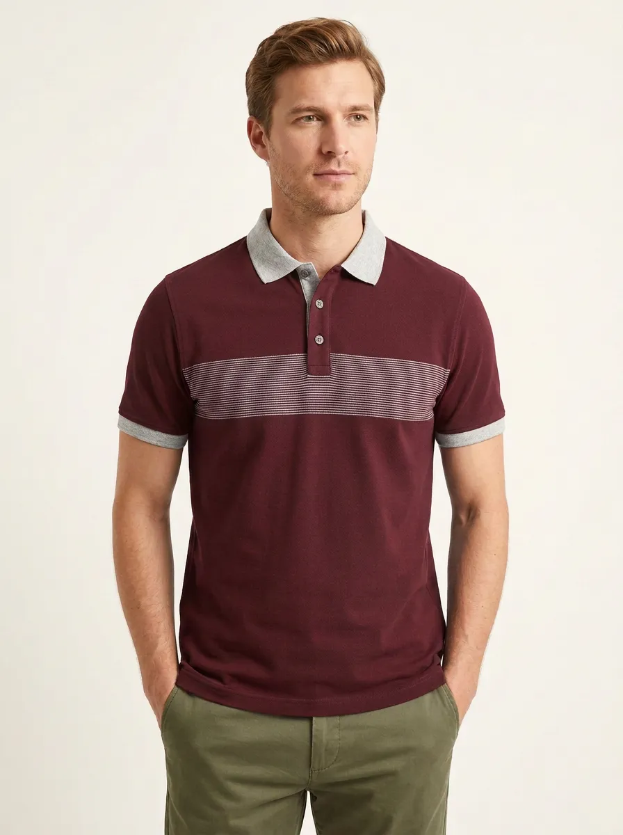 Men's Casual Navy Blue Striped Chest Printed Polo Shirt
