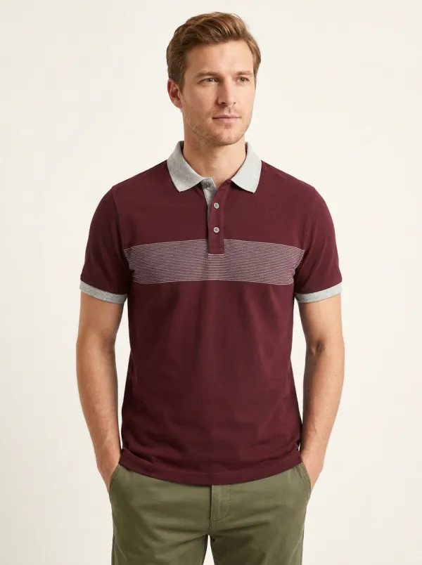 Men's Casual Navy Blue Striped Chest Printed Polo Shirt