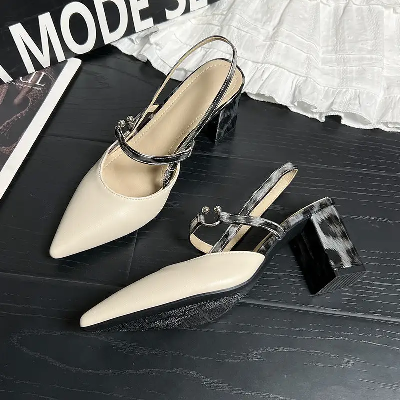 Backless Pointed Toe Thick Heel Sandals