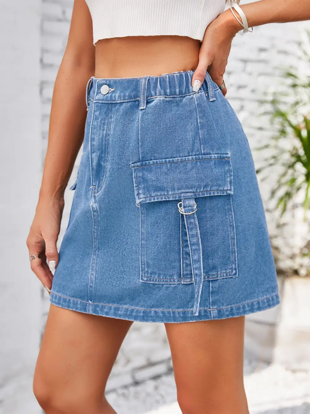 Easy Button Front Denim Detail Skirt
