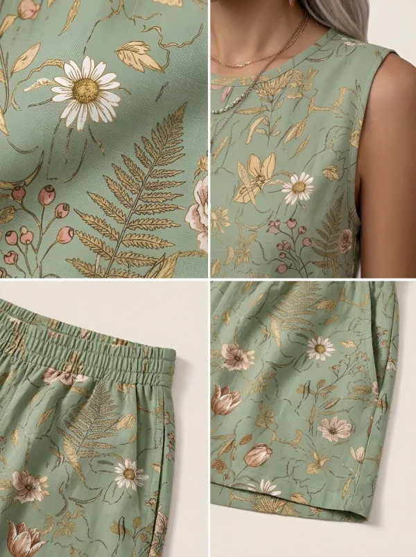 Women's Botanical Garden Floral Fern Printed Sleeveless Set