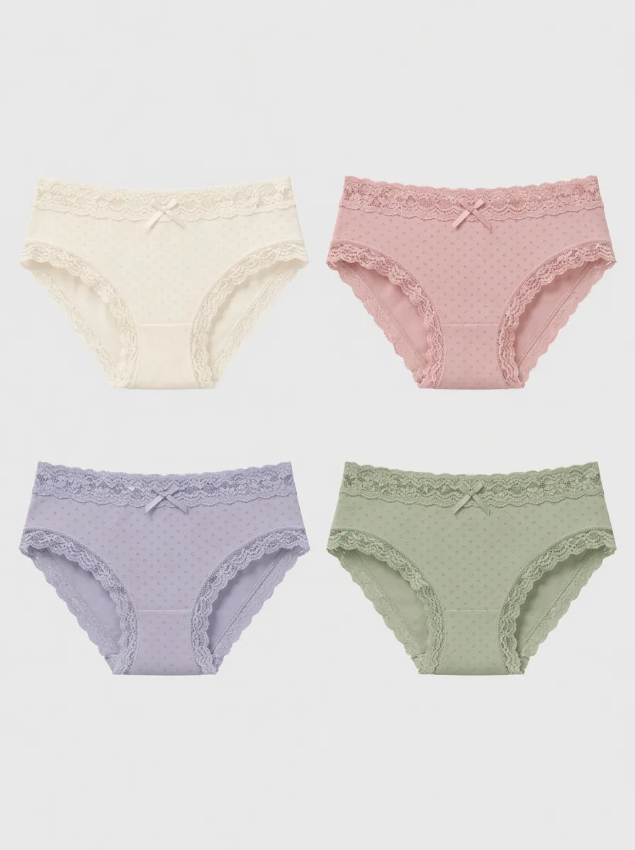 Women's Polka Dot Lace Trim Bowknot Printed Panties 4-Pack