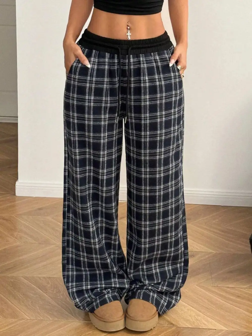 Plaid Wide Leg Pants With Elastic Waistband