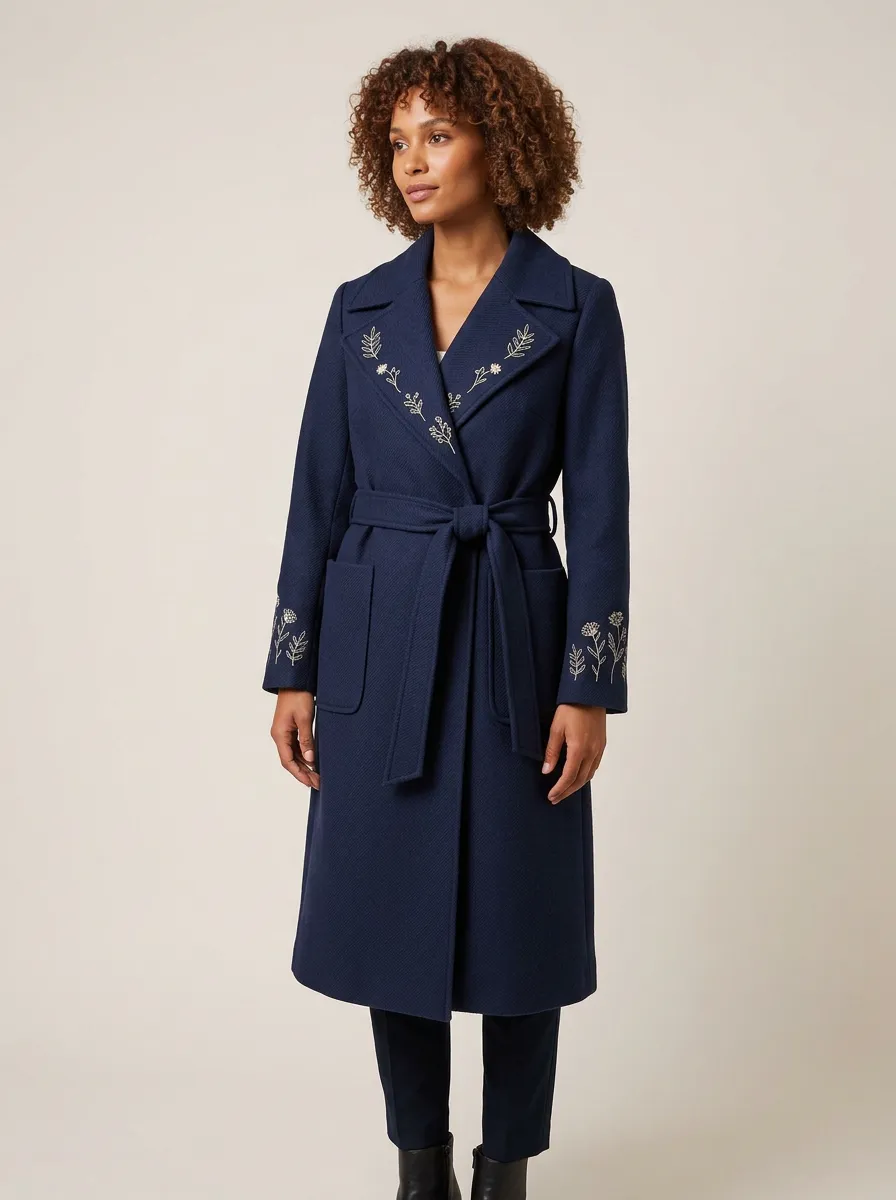 Women's Floral Embroidered Navy Pattern Coat