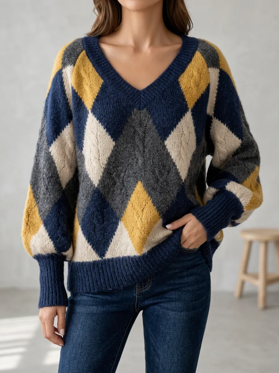 Women's Argyle Sweater with V-Neck Styling