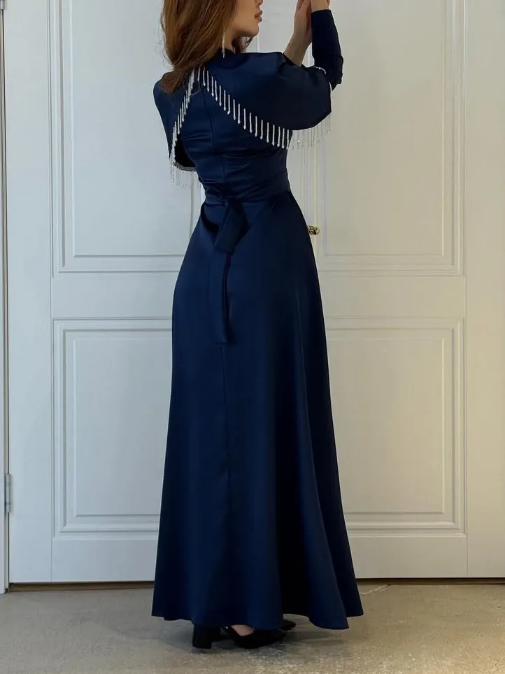 Satin Cape Detail Sleeve Maxi Dress