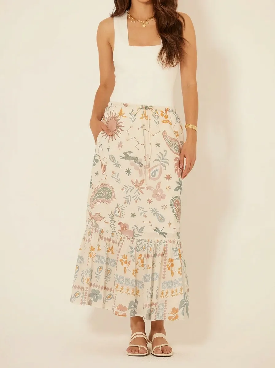 Women's Boho Celestial Rabbit Paisley Printed Midi Skirt