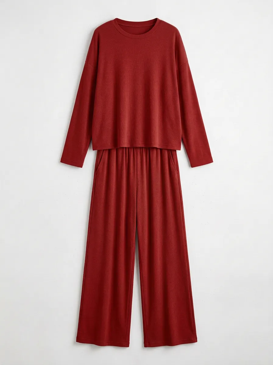 Women's Long-Sleeve Drop-Shoulder Crewneck Top And Wide-Leg Trouser Two-Piece Set