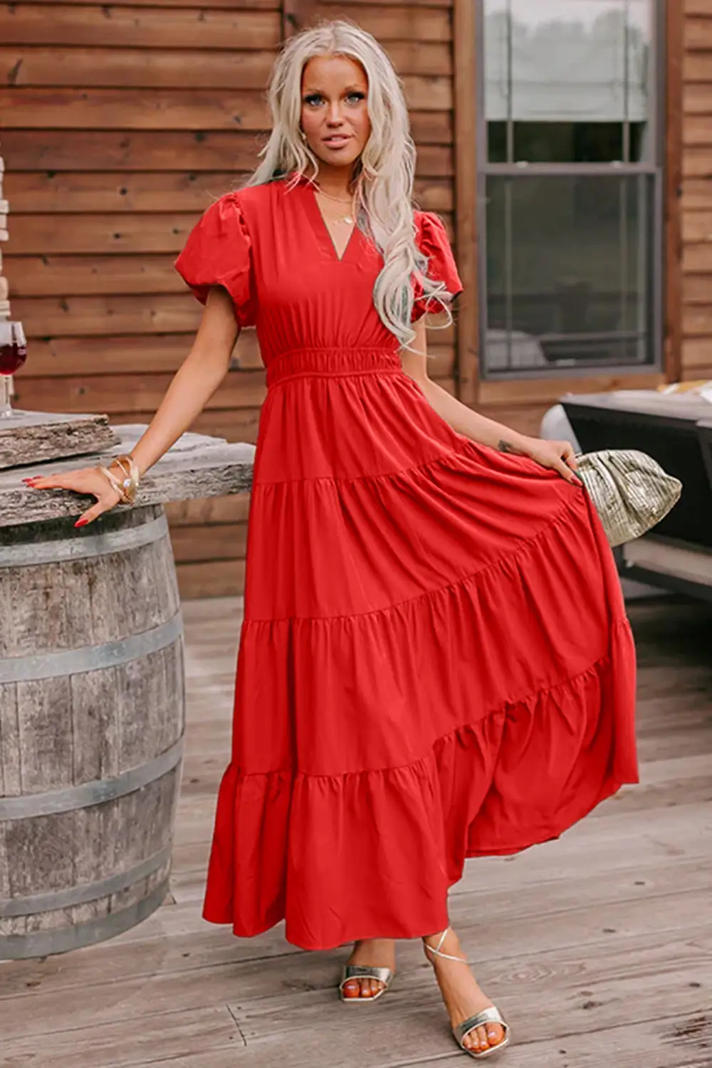 Clean Line V Neck Tiered Puff Sleeve Maxi Dress