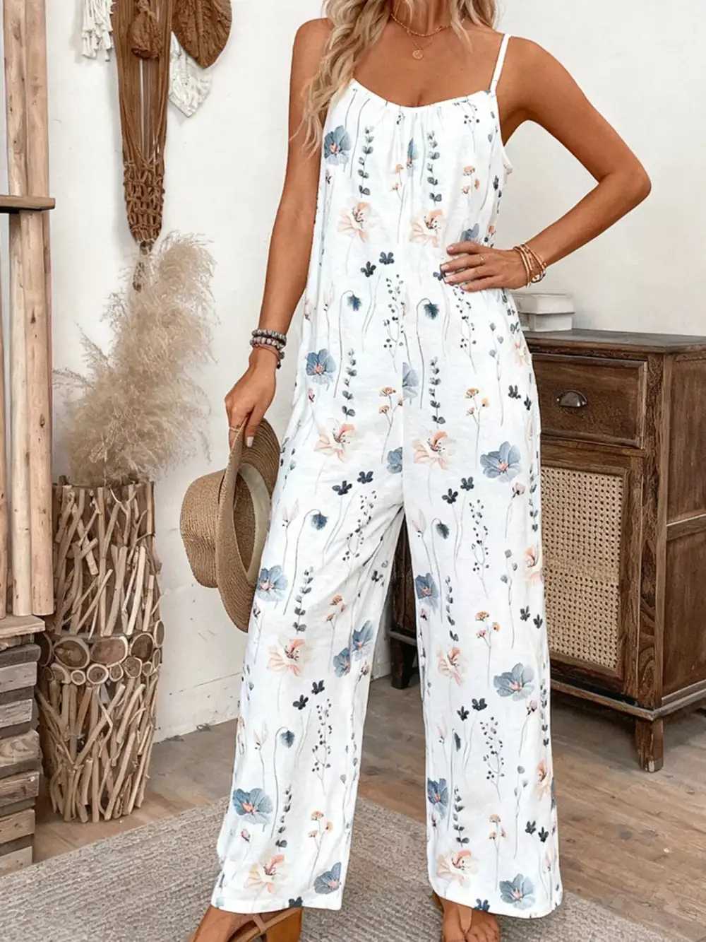 Floral Print Spaghetti Strap Casual Jumpsuit Accessory
