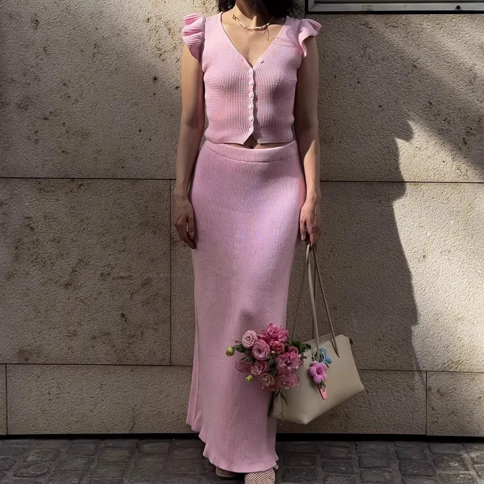 Structured Summer V-Neck Knit Skirt Set With Cap Sleeve Top And Long Skirt