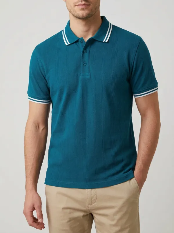 Men's Casual Navy Striped Texture Tipped Collar Polo Shirt