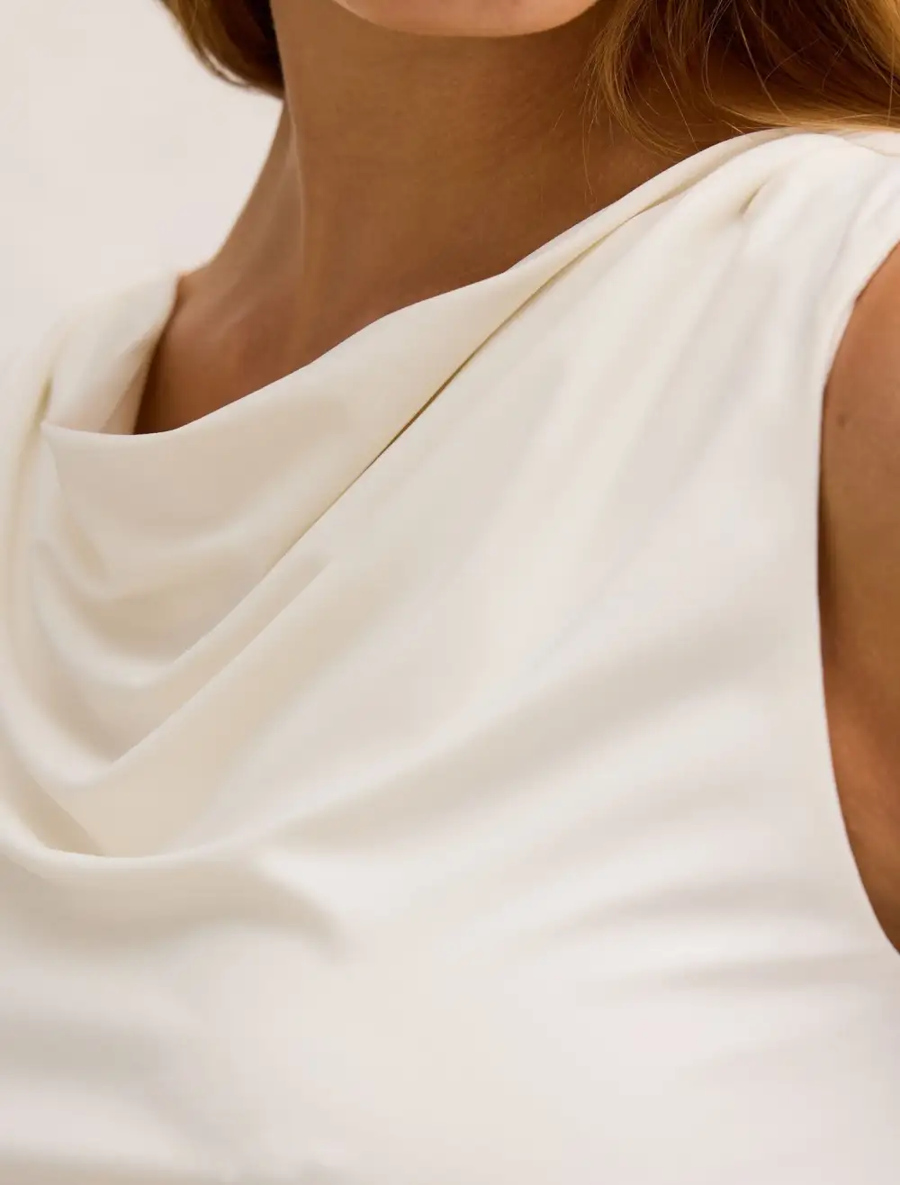White Cowl Neck Ruched Drape Top